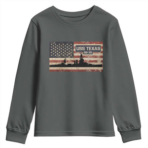 USS Texas BB35 WW1 WW2 Battleship USA American Flag Youth Sweatshirt TS11 Dark Heather Print Your Wear