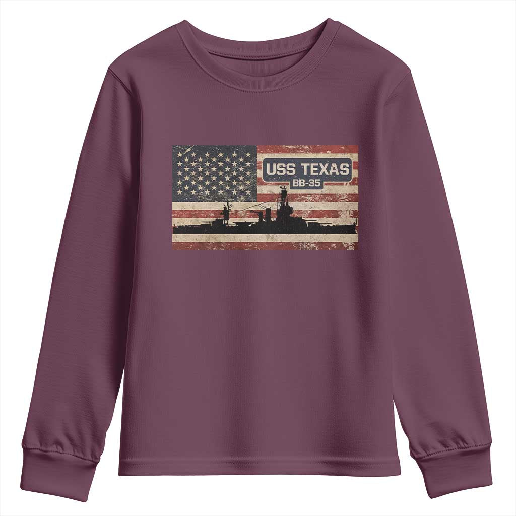 USS Texas BB35 WW1 WW2 Battleship USA American Flag Youth Sweatshirt TS11 Maroon Print Your Wear