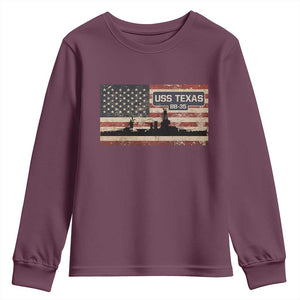 USS Texas BB35 WW1 WW2 Battleship USA American Flag Youth Sweatshirt TS11 Maroon Print Your Wear