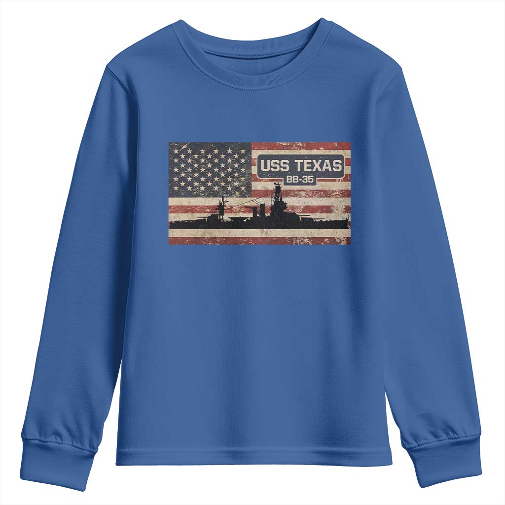USS Texas BB35 WW1 WW2 Battleship USA American Flag Youth Sweatshirt TS11 Royal Blue Print Your Wear