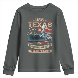 USS Texas Been There Done That And Damn Proud Of It Youth Sweatshirt Battleship USA American Flag TS11 Dark Heather Print Your Wear
