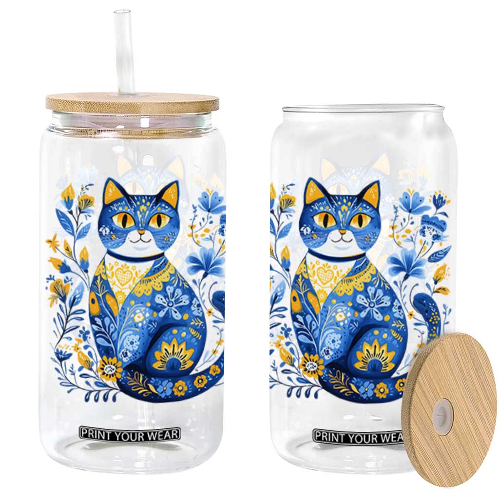 Ukraine Cat Floral Vintage Ukrainian Flag Glass Can TS10 Black Print Your Wear