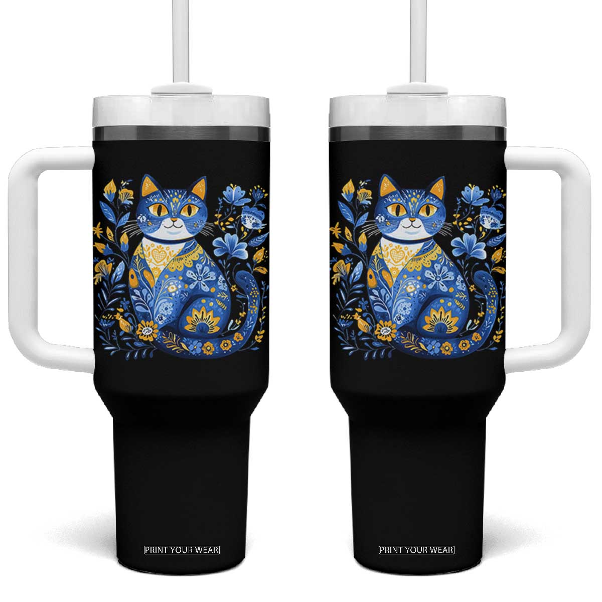 Ukraine Cat Floral Vintage Ukrainian Flag Tumbler With Handle TS10 One Size: 40 oz Black Print Your Wear