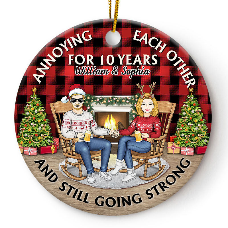 Personalized JP Christmas Ornaments Family Couple Annoying Each Other For Years Still Going Strong Husband and Wife Circle Ceramic CTM Ornament Custom - Printyourwear