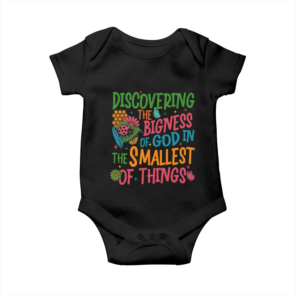 VBS 2025 Insects Adventure Baby Onesie Discovering the Bigness of God in the Smallest of Things TS02 Black Print Your Wear