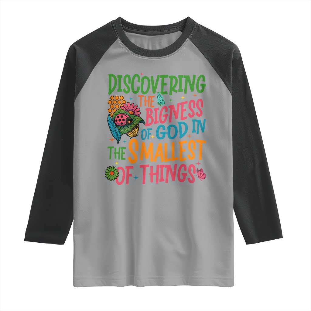 VBS 2025 Insects Adventure Raglan Shirt Discovering the Bigness of God in the Smallest of Things TS02 Sport Gray Black Print Your Wear
