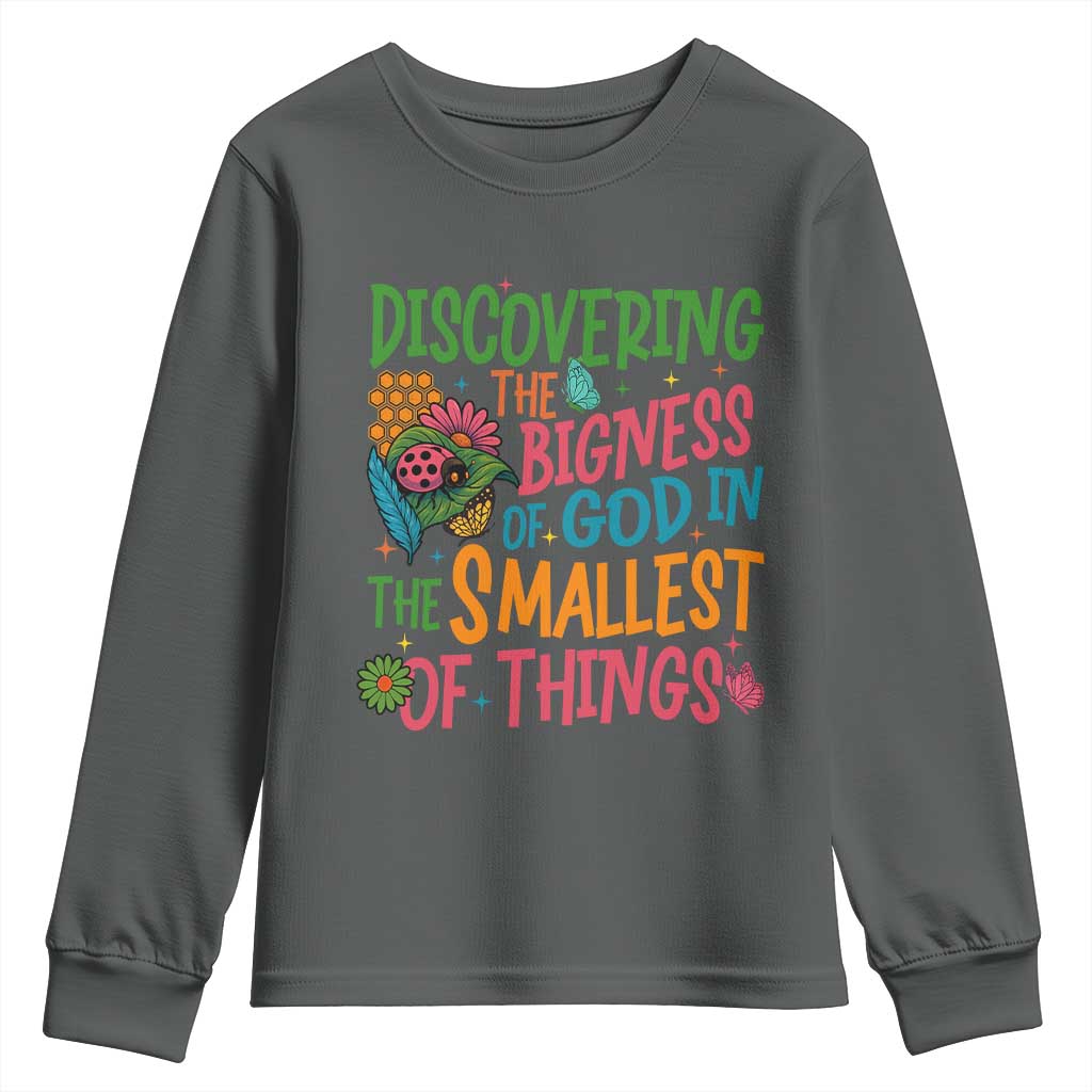 VBS 2025 Insects Adventure Youth Sweatshirt Discovering the Bigness of God in the Smallest of Things TS02 Dark Heather Print Your Wear
