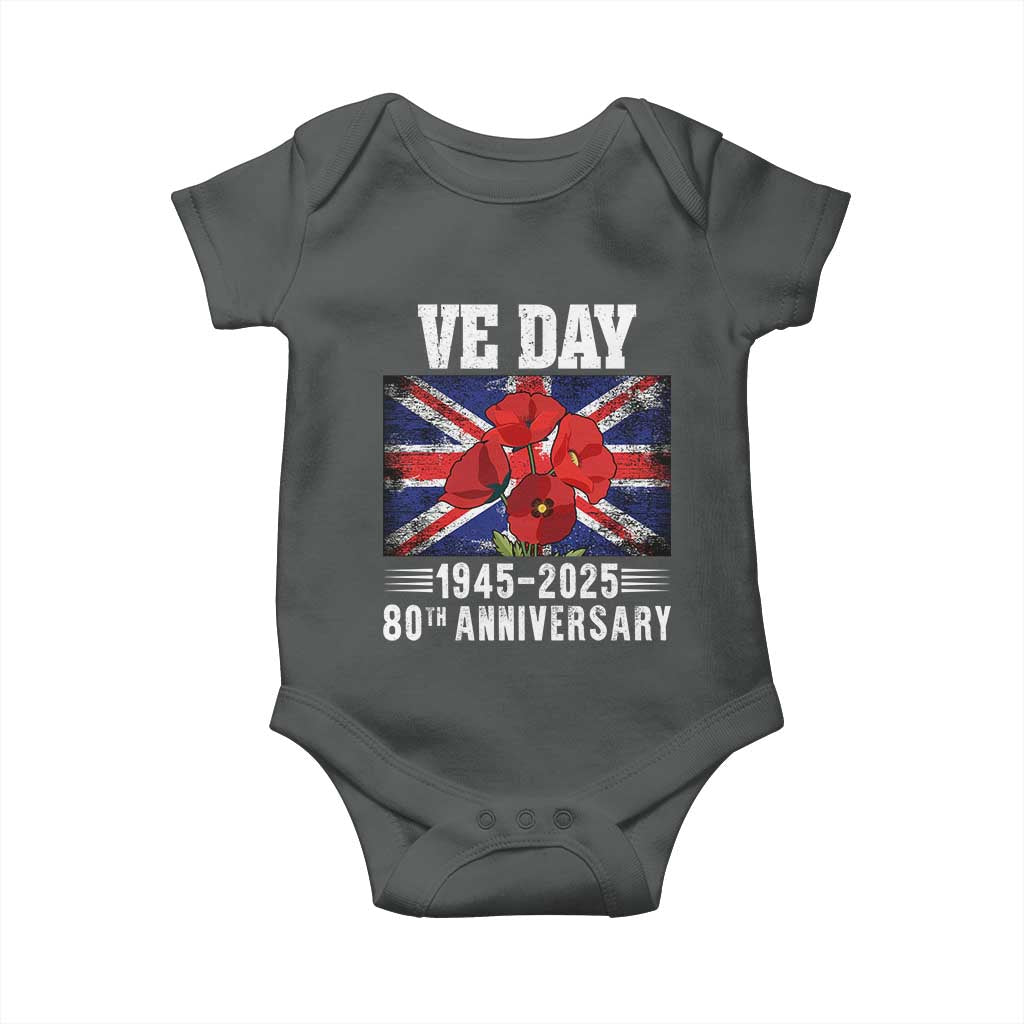 VE Day 80th Anniversary Baby Onesie 2025 Celebration Union Flag Poppies WWII Remembrance TS02 Dark Heather Print Your Wear