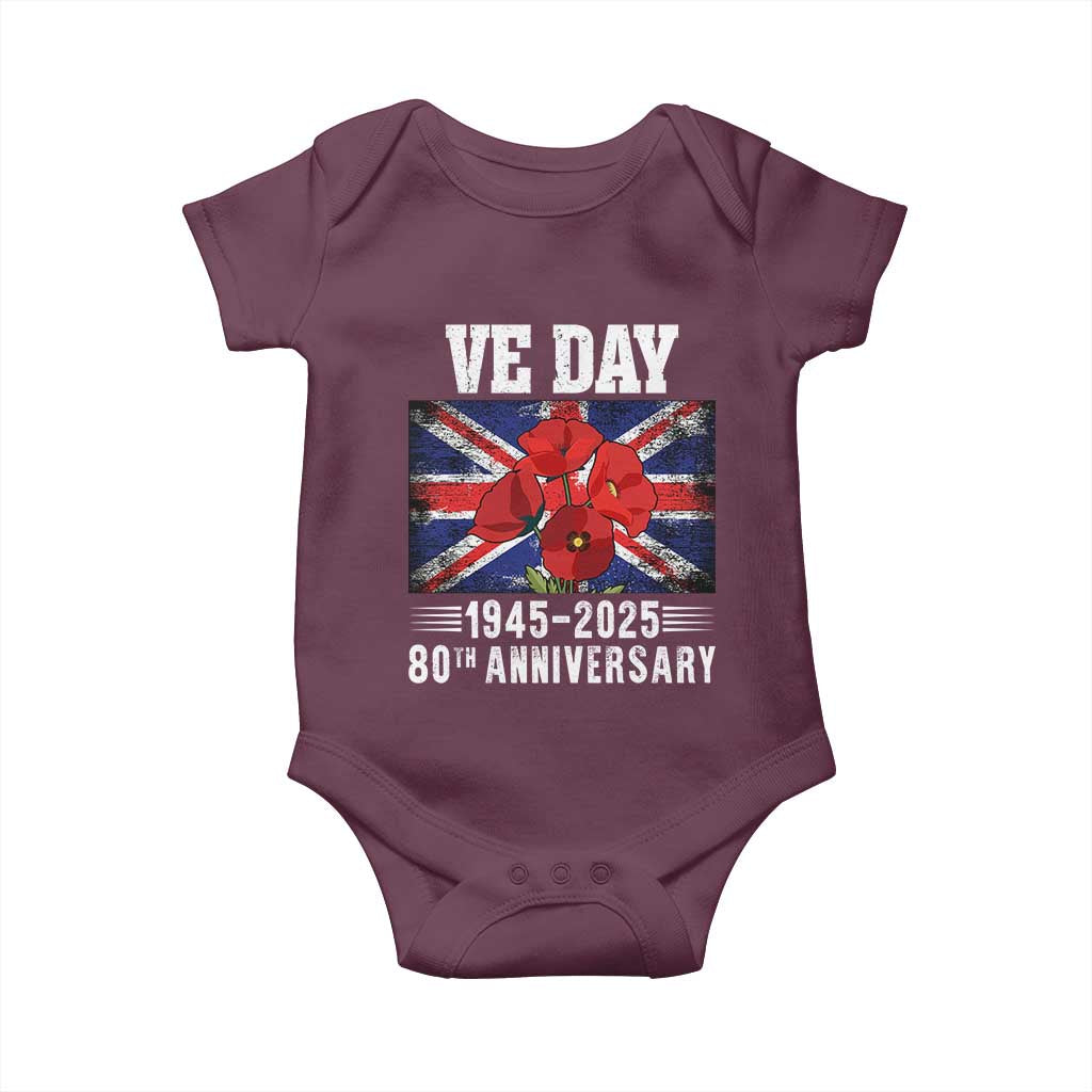 VE Day 80th Anniversary Baby Onesie 2025 Celebration Union Flag Poppies WWII Remembrance TS02 Maroon Print Your Wear