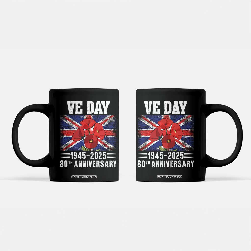 VE Day 80th Anniversary Coffee Mug 2025 Celebration Union Flag Poppies WWII Remembrance TS02 Black Print Your Wear