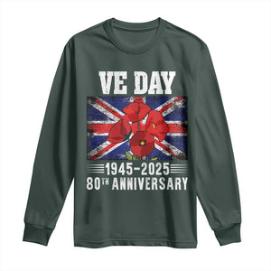 VE Day 80th Anniversary Long Sleeve Shirt 2025 Celebration Union Flag Poppies WWII Remembrance TS02 Dark Forest Green Print Your Wear