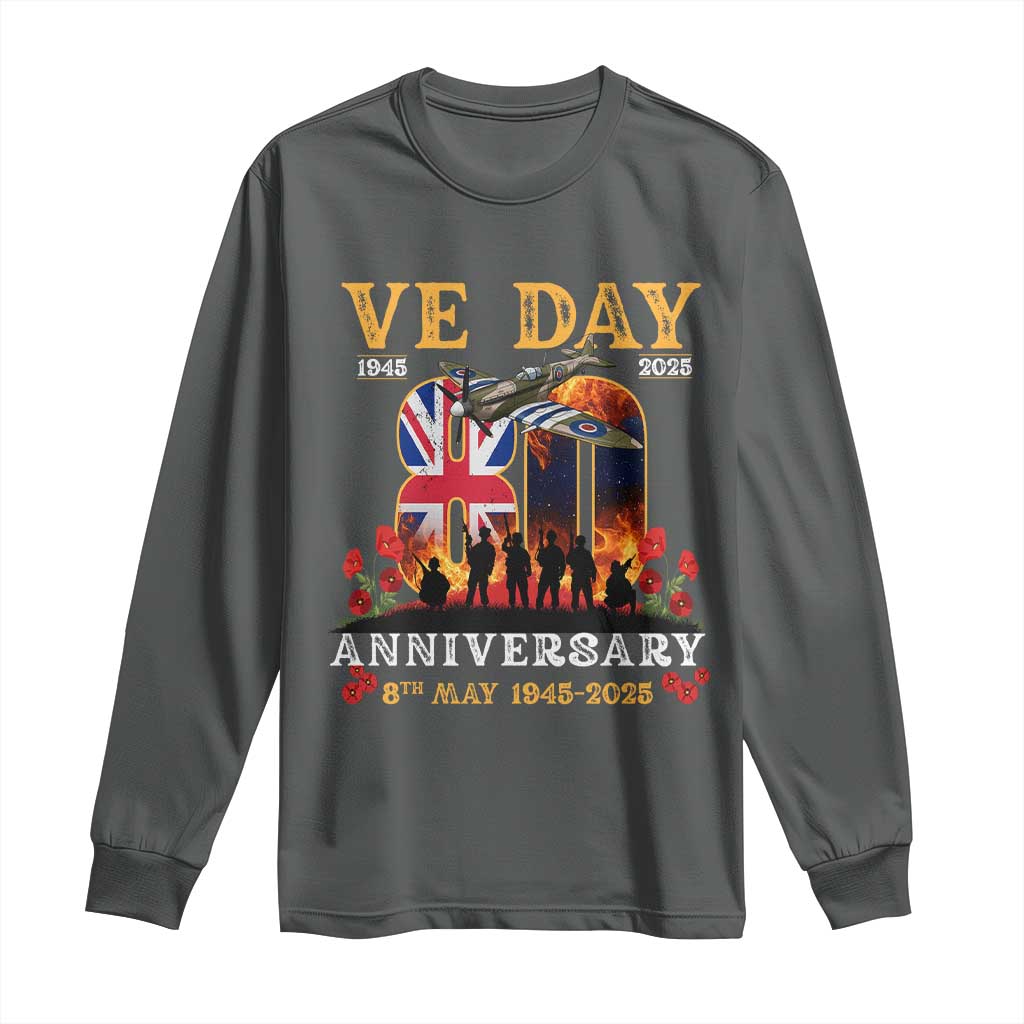 VE Day 80th Anniversary Long Sleeve Shirt 2025 Celebration Union Flag WWII Remembrance TS02 Dark Heather Print Your Wear