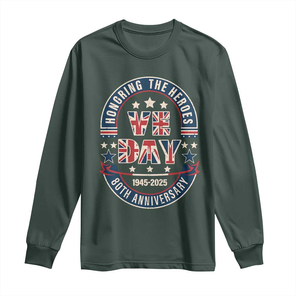 VE Day 80th Anniversary Long Sleeve Shirt 2025 Patriotic WWII Remembrance Vintage TS02 Dark Forest Green Print Your Wear