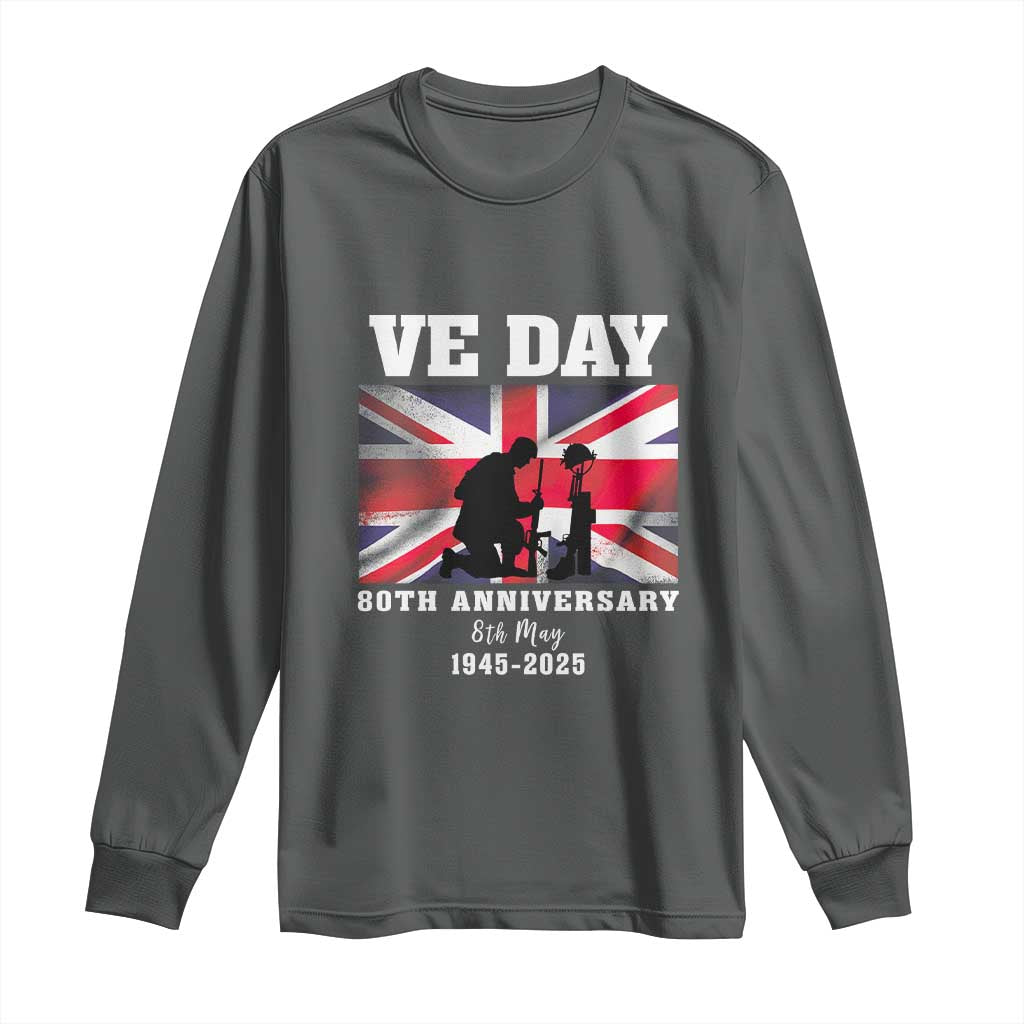 VE Day 80th Anniversary Long Sleeve Shirt Victory in Europe Union Flag WWII Remembrance TS02 Dark Heather Print Your Wear
