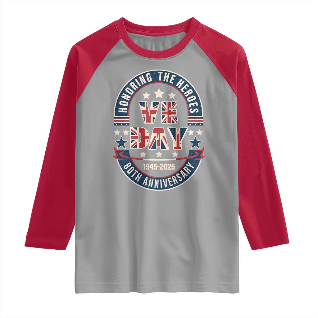 VE Day 80th Anniversary Raglan Shirt 2025 Patriotic WWII Remembrance Vintage TS02 Sport Gray Red Print Your Wear