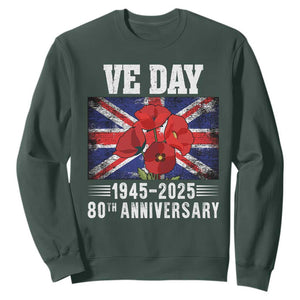 VE Day 80th Anniversary Sweatshirt 2025 Celebration Union Flag Poppies WWII Remembrance TS02 Dark Forest Green Print Your Wear