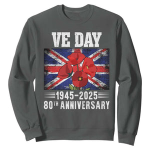 VE Day 80th Anniversary Sweatshirt 2025 Celebration Union Flag Poppies WWII Remembrance TS02 Dark Heather Print Your Wear