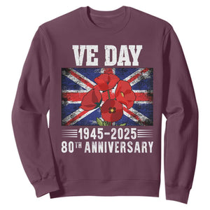 VE Day 80th Anniversary Sweatshirt 2025 Celebration Union Flag Poppies WWII Remembrance TS02 Maroon Print Your Wear