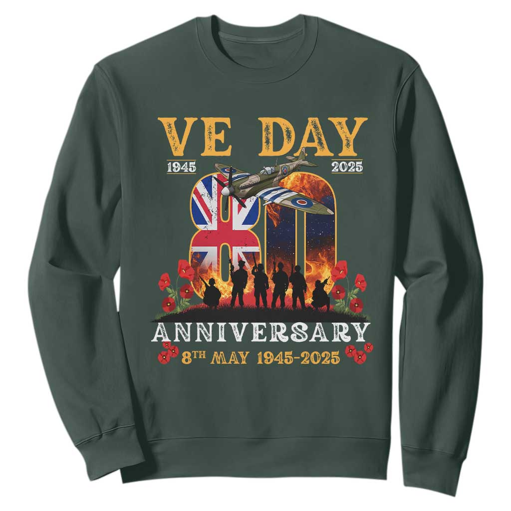 VE Day 80th Anniversary Sweatshirt 2025 Celebration Union Flag WWII Remembrance TS02 Dark Forest Green Print Your Wear