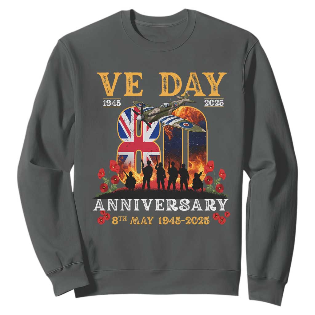 VE Day 80th Anniversary Sweatshirt 2025 Celebration Union Flag WWII Remembrance TS02 Dark Heather Print Your Wear