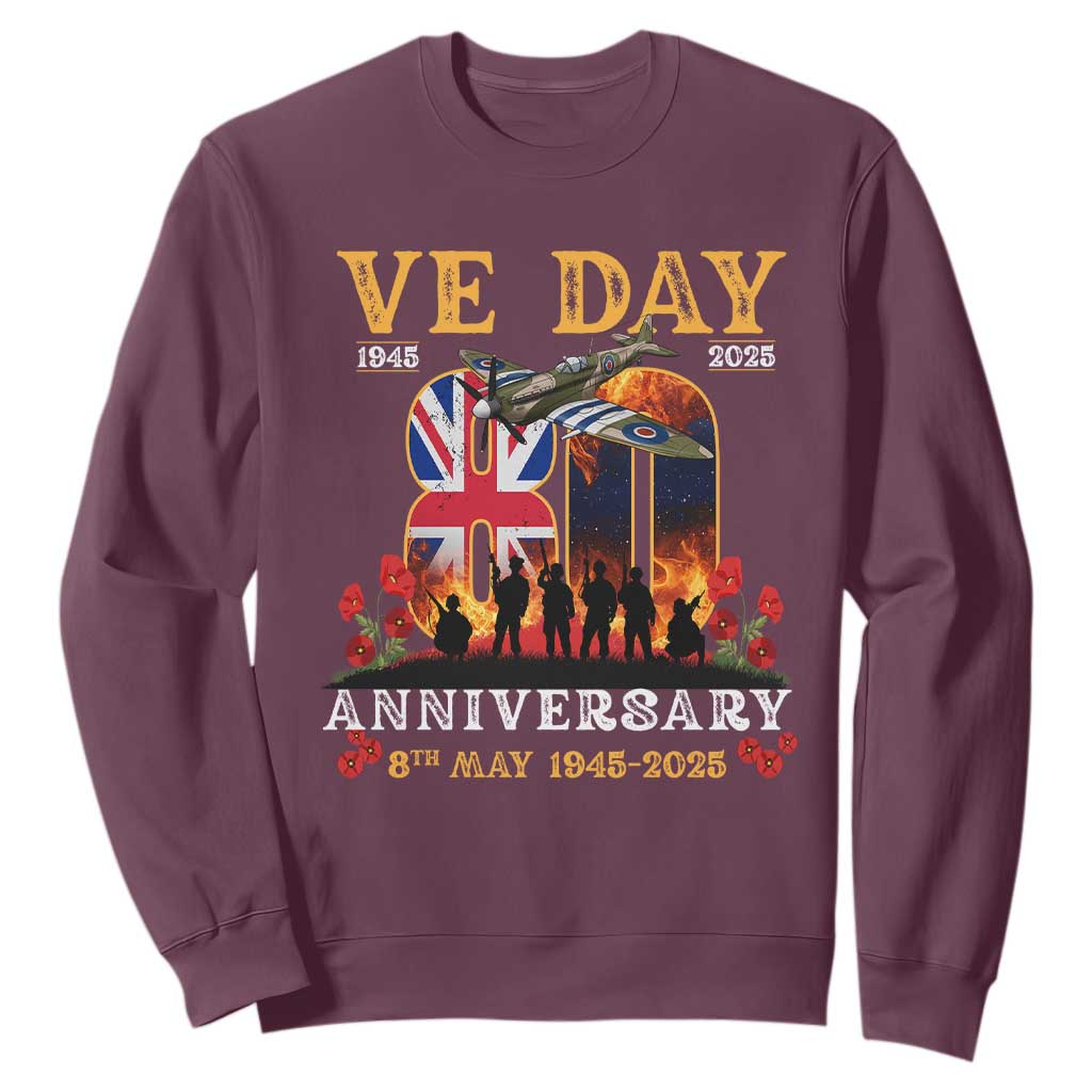 VE Day 80th Anniversary Sweatshirt 2025 Celebration Union Flag WWII Remembrance TS02 Maroon Print Your Wear