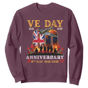 VE Day 80th Anniversary Sweatshirt 2025 Celebration Union Flag WWII Remembrance TS02 Maroon Print Your Wear