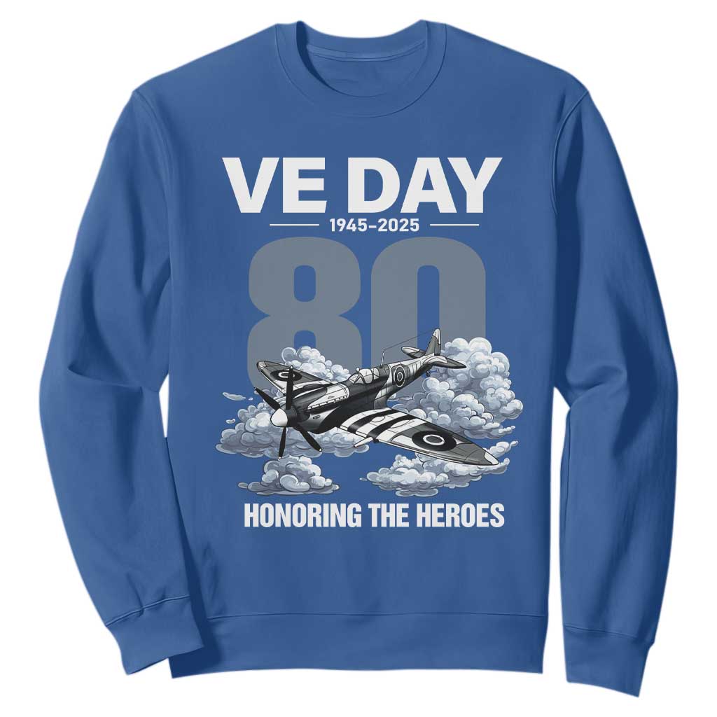 VE Day 80th Anniversary Sweatshirt 2025 Celebration WWII Remembrance Retro TS02 Royal Blue Print Your Wear