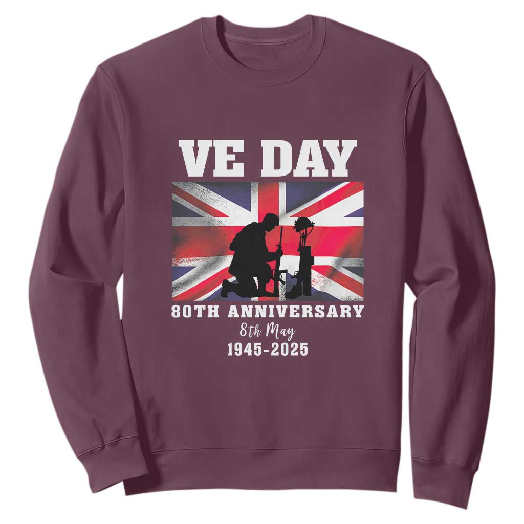 VE Day 80th Anniversary Sweatshirt Victory in Europe Union Flag WWII Remembrance TS02 Maroon Print Your Wear