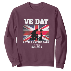 VE Day 80th Anniversary Sweatshirt Victory in Europe Union Flag WWII Remembrance TS02 Maroon Print Your Wear