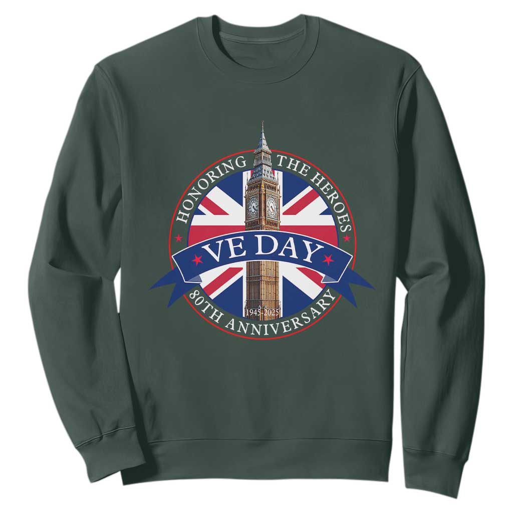 VE Day 80th Anniversary Sweatshirt WWII Remembrance 2025 Celebrations London TS02 Dark Forest Green Print Your Wear