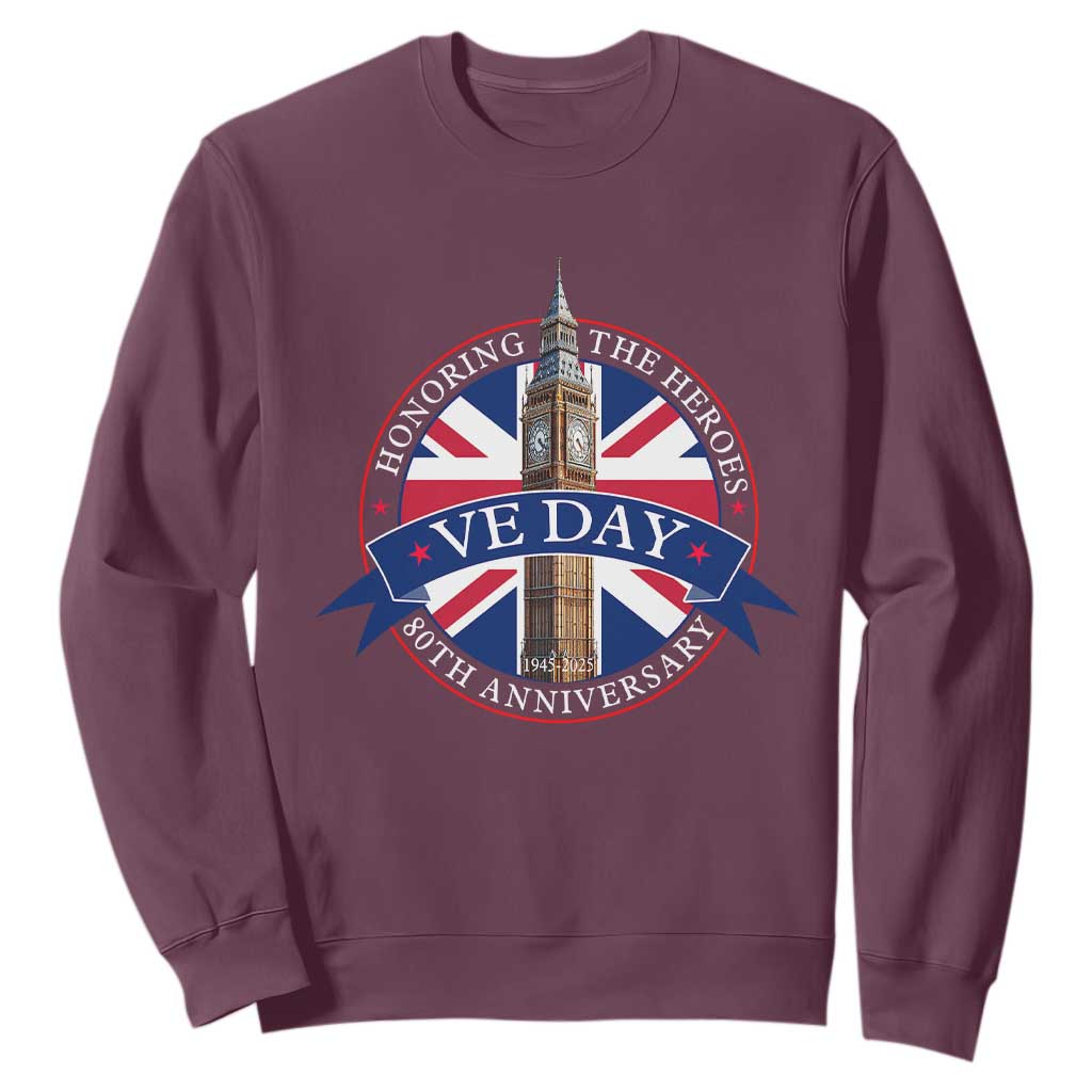 VE Day 80th Anniversary Sweatshirt WWII Remembrance 2025 Celebrations London TS02 Maroon Print Your Wear