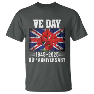 VE Day 80th Anniversary T Shirt 2025 Celebration Union Flag Poppies WWII Remembrance TS02 Dark Heather Print Your Wear