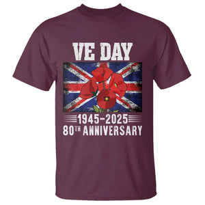 VE Day 80th Anniversary T Shirt 2025 Celebration Union Flag Poppies WWII Remembrance TS02 Maroon Print Your Wear
