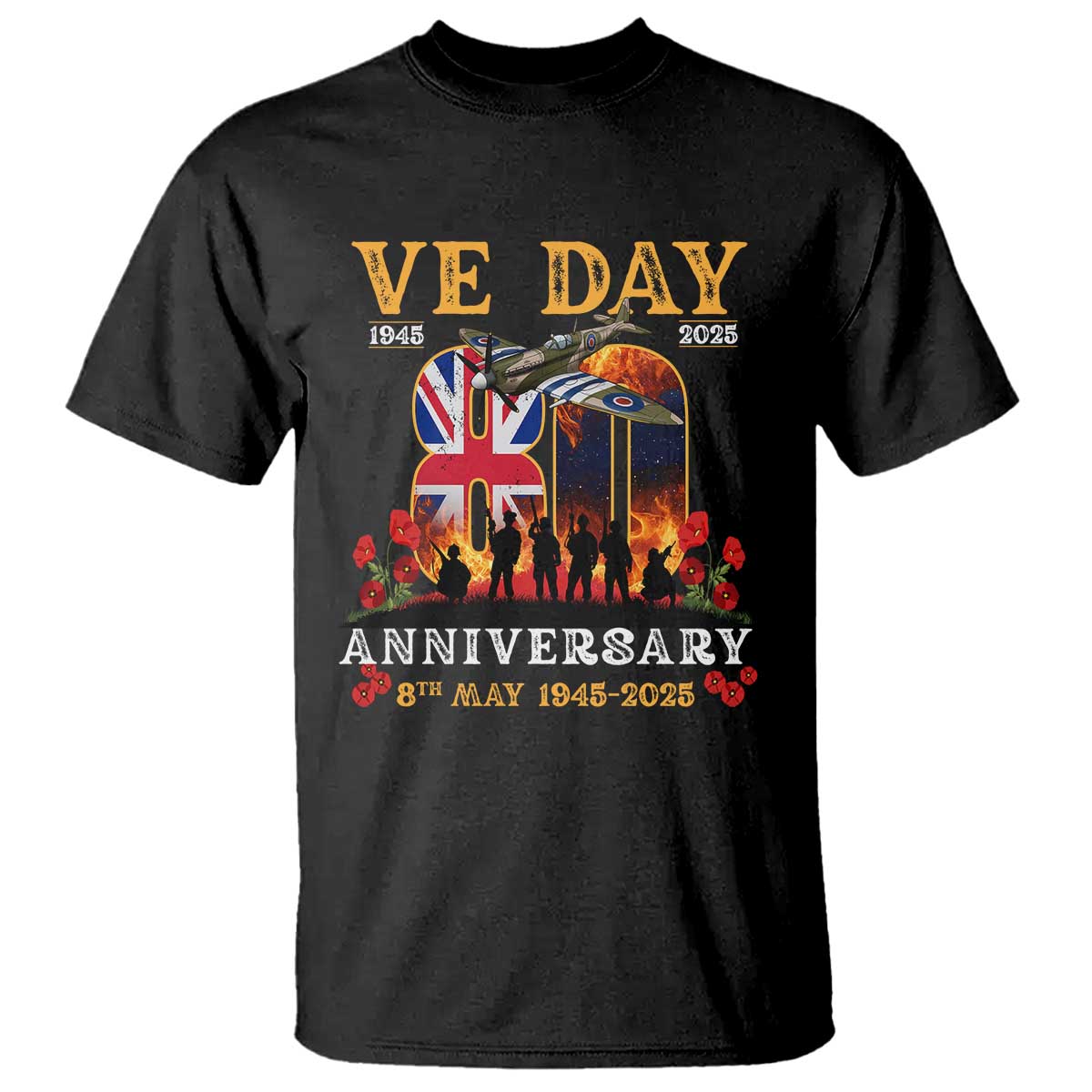 VE Day 80th Anniversary T Shirt 2025 Celebration Union Flag WWII Remembrance TS02 Black Print Your Wear