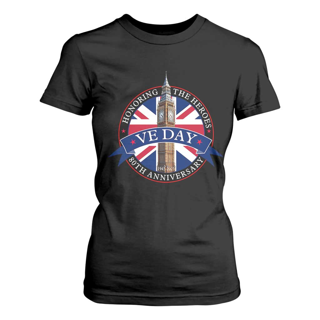VE Day 80th Anniversary T Shirt For Women WWII Remembrance 2025 Celebrations London TS02 Black Print Your Wear
