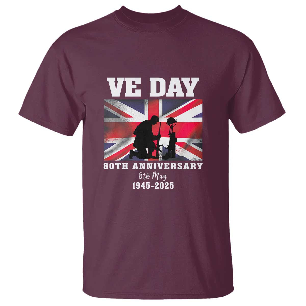 VE Day 80th Anniversary T Shirt Victory in Europe Union Flag WWII Remembrance TS02 Maroon Print Your Wear