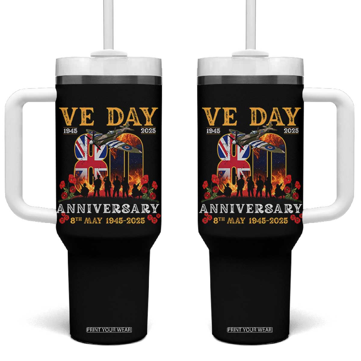 VE Day 80th Anniversary Tumbler With Handle 2025 Celebration Union Flag WWII Remembrance TS02 One Size: 40 oz Black Print Your Wear