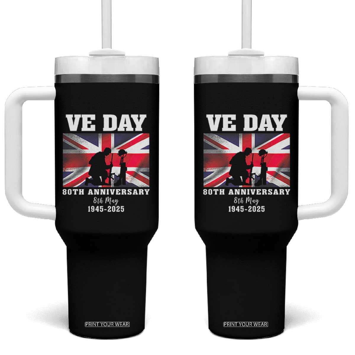 VE Day 80th Anniversary Tumbler With Handle Victory in Europe Union Flag WWII Remembrance TS02 One Size: 40 oz Black Print Your Wear