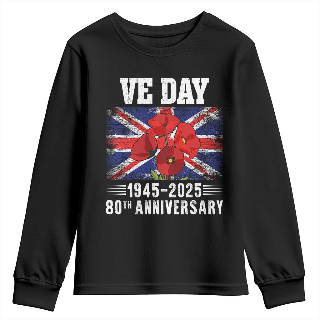 VE Day 80th Anniversary Youth Sweatshirt 2025 Celebration Union Flag Poppies WWII Remembrance TS02 Black Print Your Wear