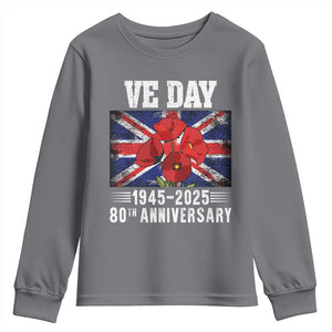 VE Day 80th Anniversary Youth Sweatshirt 2025 Celebration Union Flag Poppies WWII Remembrance TS02 Charcoal Print Your Wear