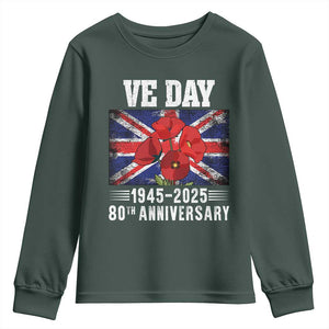 VE Day 80th Anniversary Youth Sweatshirt 2025 Celebration Union Flag Poppies WWII Remembrance TS02 Dark Forest Green Print Your Wear