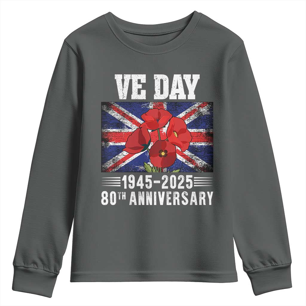 VE Day 80th Anniversary Youth Sweatshirt 2025 Celebration Union Flag Poppies WWII Remembrance TS02 Dark Heather Print Your Wear
