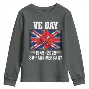 VE Day 80th Anniversary Youth Sweatshirt 2025 Celebration Union Flag Poppies WWII Remembrance TS02 Dark Heather Print Your Wear