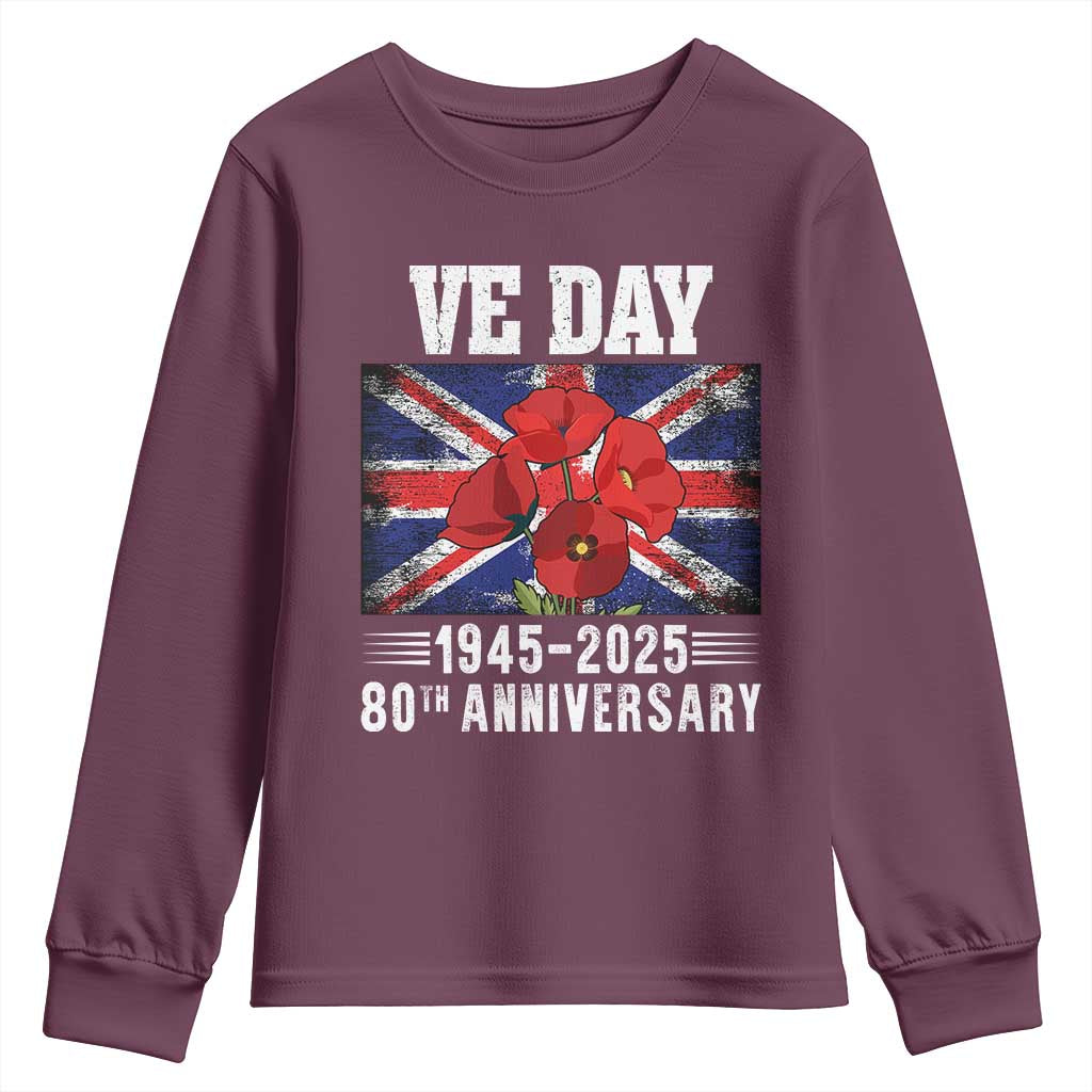 VE Day 80th Anniversary Youth Sweatshirt 2025 Celebration Union Flag Poppies WWII Remembrance TS02 Maroon Print Your Wear