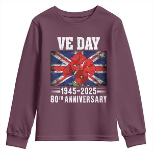 VE Day 80th Anniversary Youth Sweatshirt 2025 Celebration Union Flag Poppies WWII Remembrance TS02 Maroon Print Your Wear