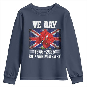 VE Day 80th Anniversary Youth Sweatshirt 2025 Celebration Union Flag Poppies WWII Remembrance TS02 Navy Print Your Wear