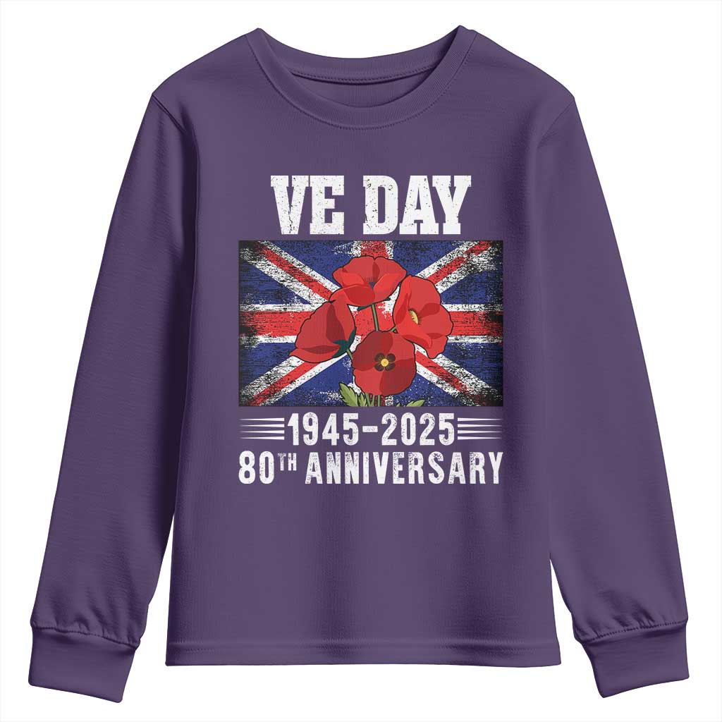 VE Day 80th Anniversary Youth Sweatshirt 2025 Celebration Union Flag Poppies WWII Remembrance TS02 Purple Print Your Wear