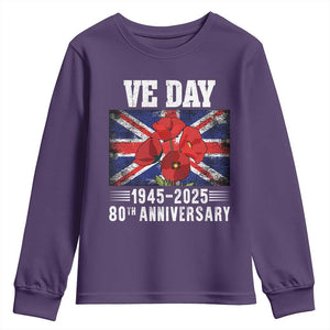 VE Day 80th Anniversary Youth Sweatshirt 2025 Celebration Union Flag Poppies WWII Remembrance TS02 Purple Print Your Wear