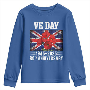 VE Day 80th Anniversary Youth Sweatshirt 2025 Celebration Union Flag Poppies WWII Remembrance TS02 Royal Blue Print Your Wear