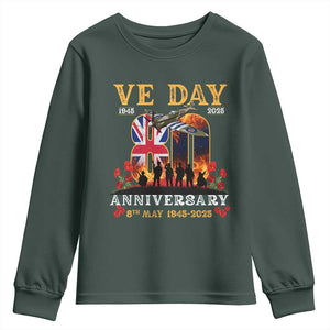 VE Day 80th Anniversary Youth Sweatshirt 2025 Celebration Union Flag WWII Remembrance TS02 Dark Forest Green Print Your Wear